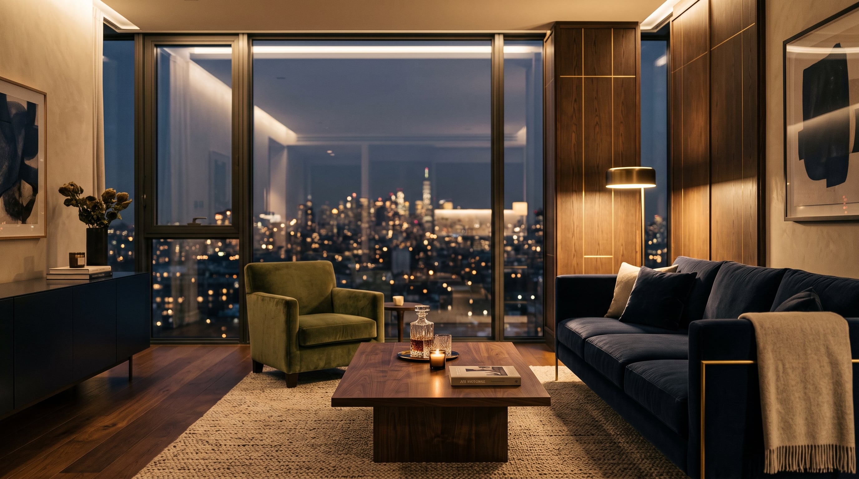 Interior de apartamento de luxo com iluminação dourada e ambiente sofisticado